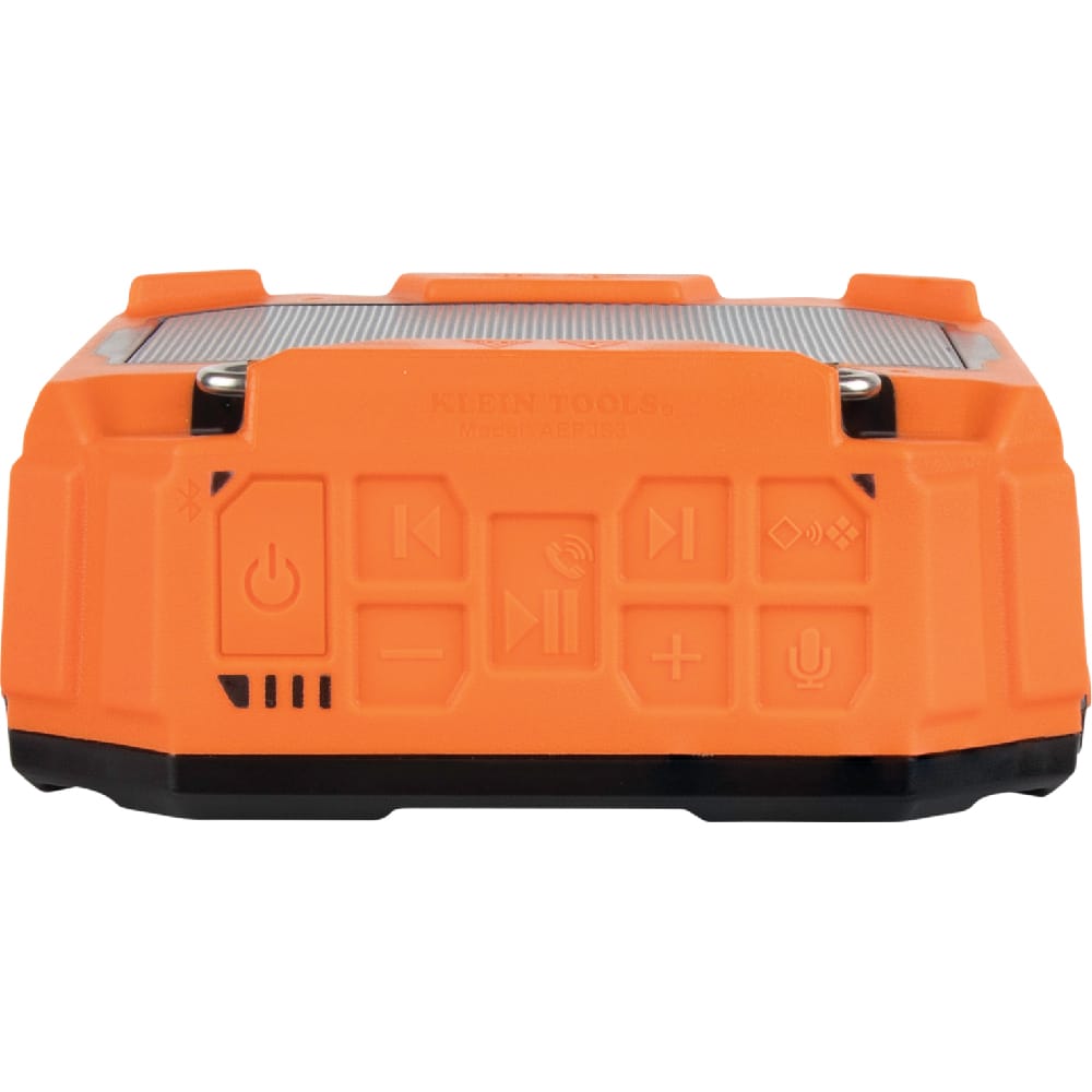Top-down view of the Klein Tools AEPJS3 Bluetooth speaker showcasing the rubberized, tactile control buttons including power, volume, play/pause, voice assistant, and Broadcast Mode.