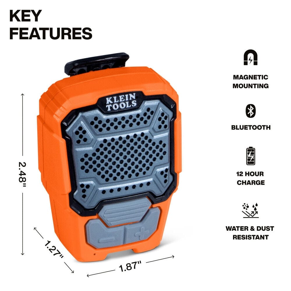 Infographic displaying the speaker's dimensions as 2.48 inches tall and 1.87 inches wide, alongside icons for key features like magnetic mounting and 12-hour battery life.