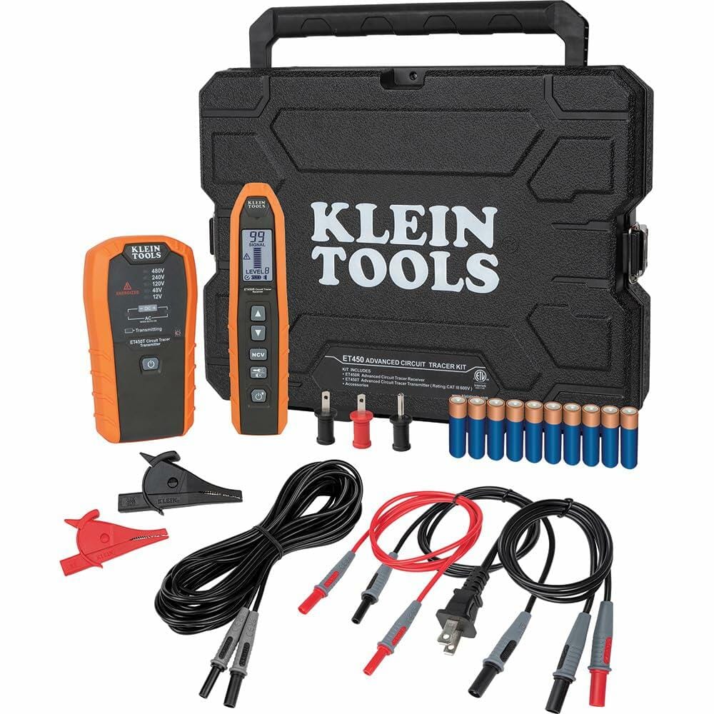 Complete Klein Tools ET450 circuit tracer kit with transmitter, receiver, test leads, plug adapter, batteries, and hard case for organized transport.