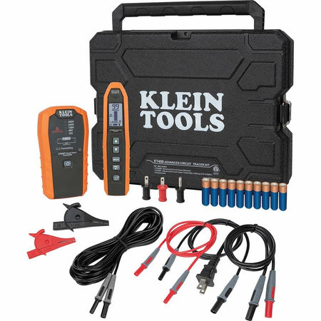 Complete Klein Tools ET450 circuit tracer kit with transmitter, receiver, test leads, plug adapter, batteries, and hard case for organized transport.