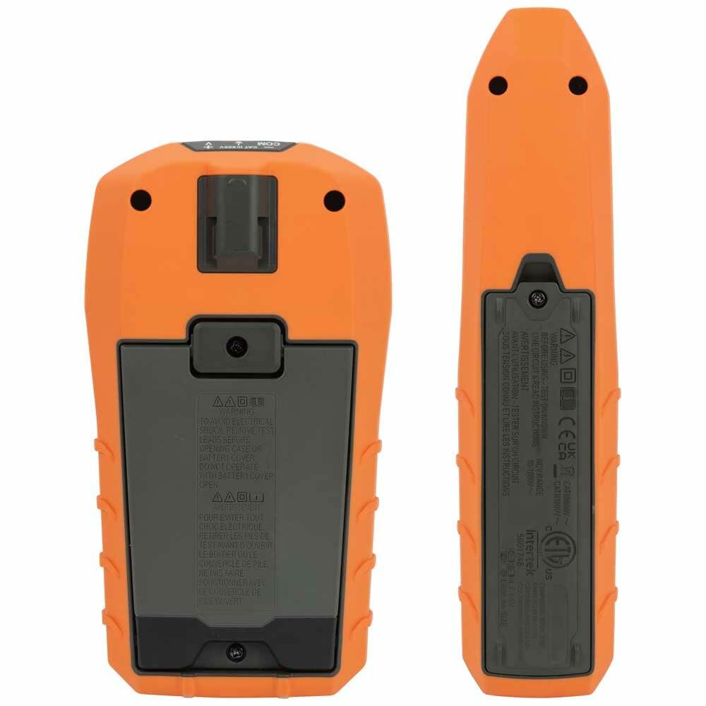Back view of two Klein Tools devices with battery compartments and certification labels, designed for rugged use in electrical testing environments.