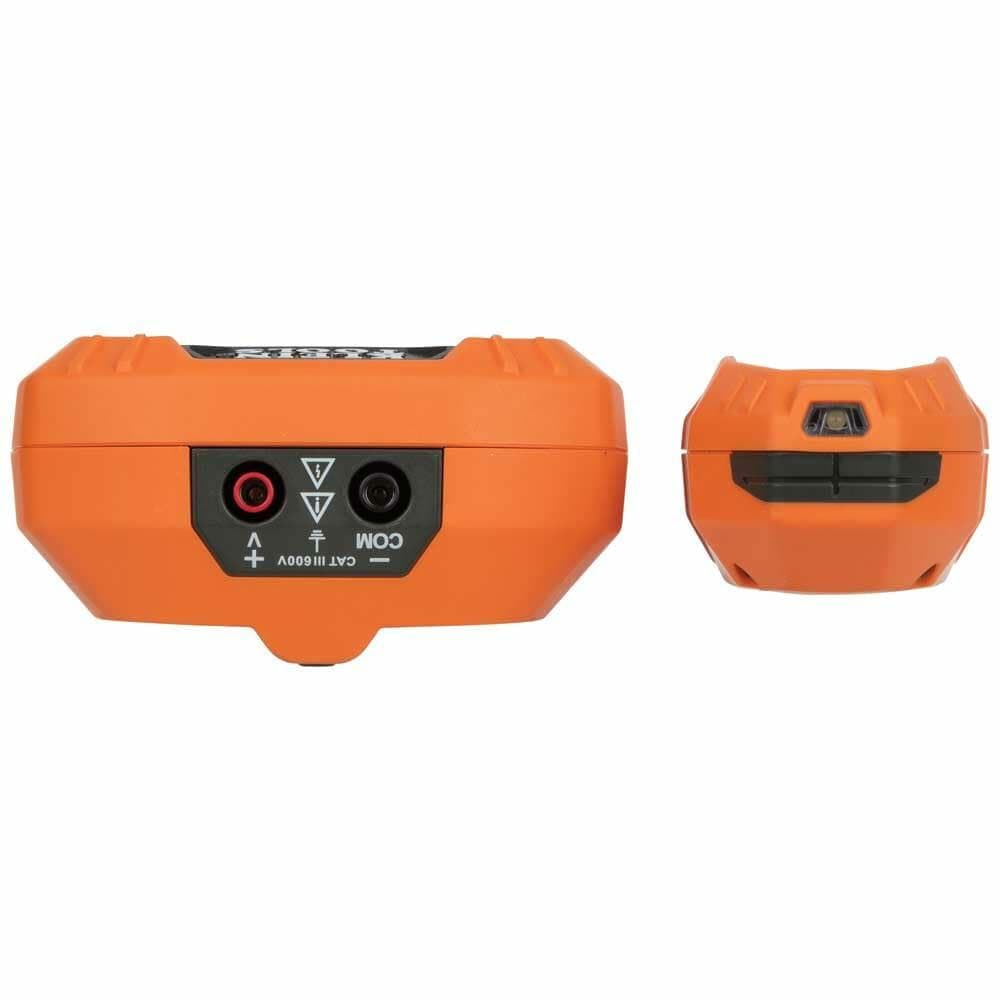 Two views of Klein Tools handheld tester showing input ports labeled “COM” and voltage symbols, and a sensor screen for electrical diagnostics.