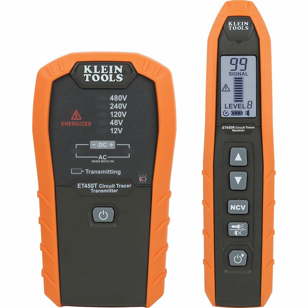 Klein Tools ET450 transmitter and receiver with voltage indicators and digital display showing signal strength, NCV button, and control arrows.