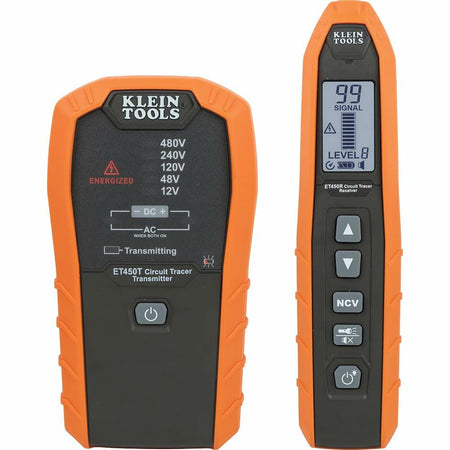Klein Tools ET450 transmitter and receiver with voltage indicators and digital display showing signal strength, NCV button, and control arrows.
