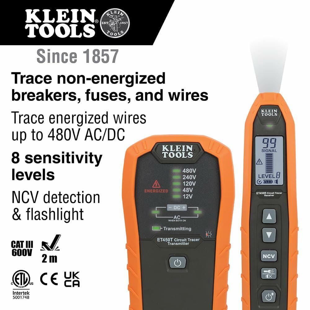 Klein Tools ET450 transmitter and receiver shown with voltage indicators, NCV detection, flashlight, and sensitivity level display for circuit tracing