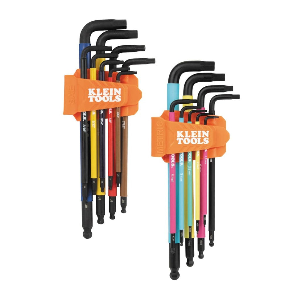 Klein Tools BLS18 18-piece color-coded hex key set featuring industrial strength steel SAE and metric L-style keys in orange interlocking storage caddies.