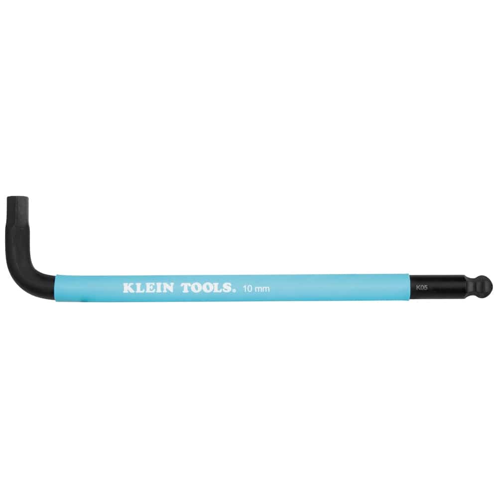 Close-up of a single 10 mm metric ball end hex key from the Klein Tools BLS18 set featuring a light blue color-coded sleeve and rust-resistant black phosphate coating.