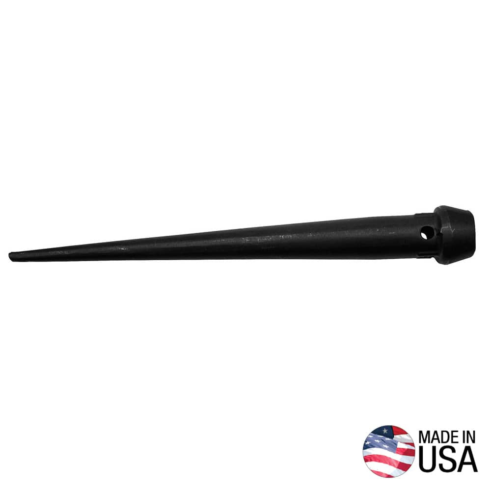 Klein 3255TT broad head bull pin forged from alloy steel showing the integrated fall-protection tether hole and 13.75-inch long alignment shaft.