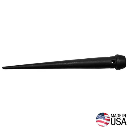 Klein 3255TT broad head bull pin forged from alloy steel showing the integrated fall-protection tether hole and 13.75-inch long alignment shaft.
