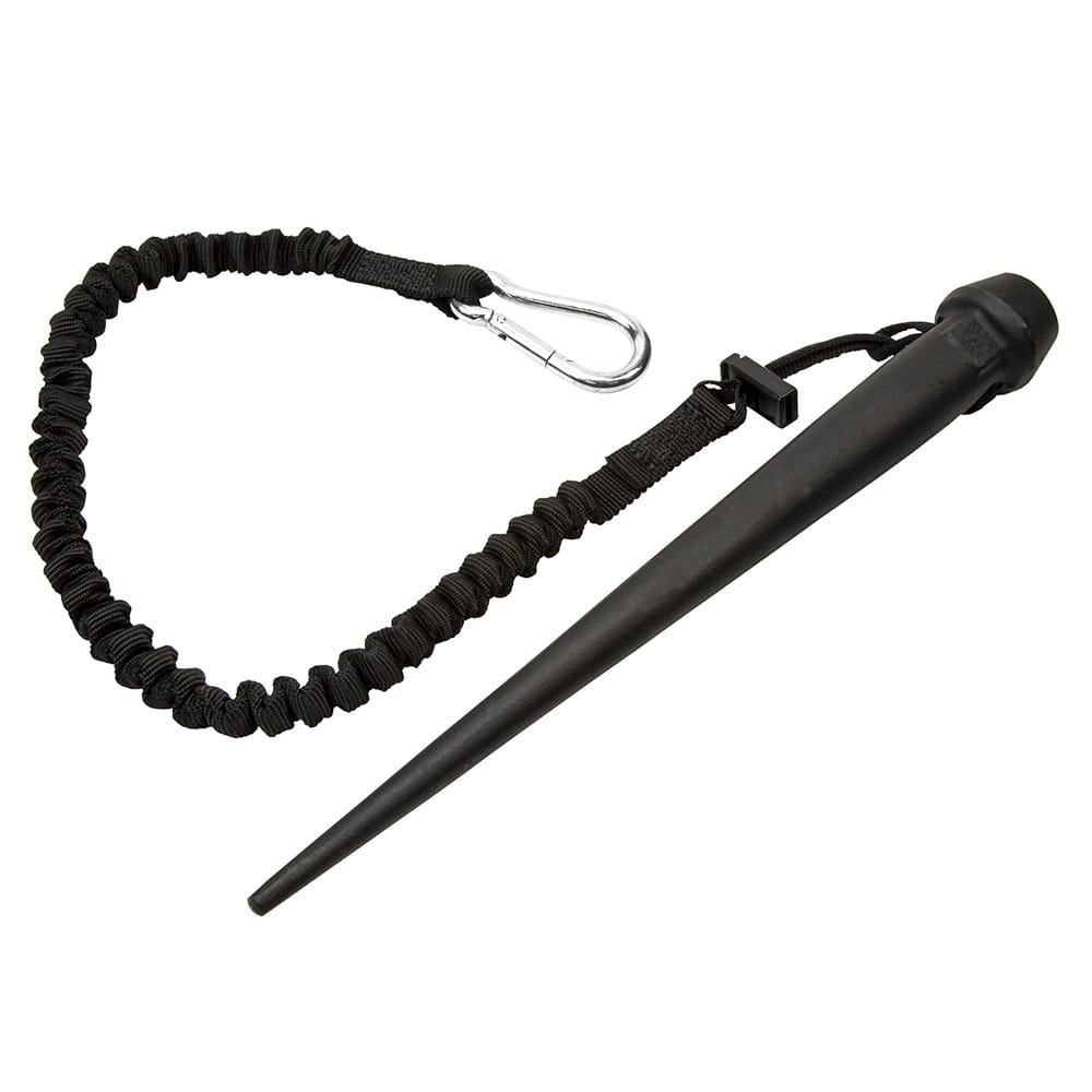Klein 3255TT alloy steel bull pin connected to an elastic fall-protection lanyard with a carabiner for safe high-altitude ironwork.