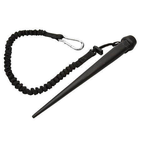 Klein 3255TT alloy steel bull pin connected to an elastic fall-protection lanyard with a carabiner for safe high-altitude ironwork.