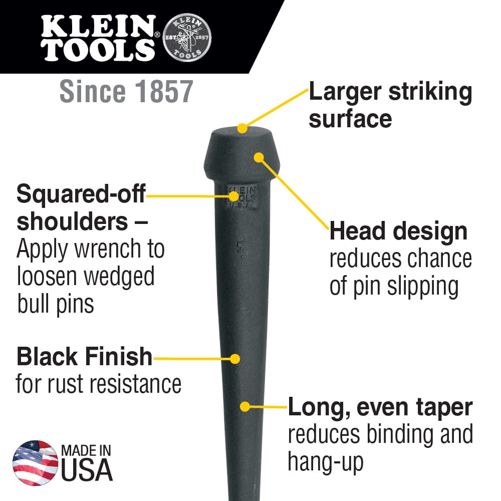 Diagram detailing the broad head striking face, squared-off wrench shoulders, rust-resistant coating, and smooth point taper on the Klein 3256 pin.