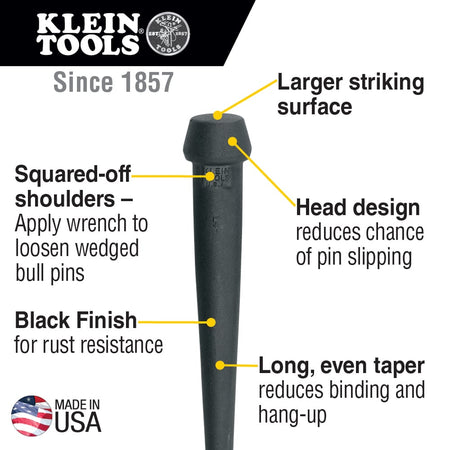 Diagram detailing the broad head striking face, squared-off wrench shoulders, rust-resistant coating, and smooth point taper on the Klein 3256 pin.
