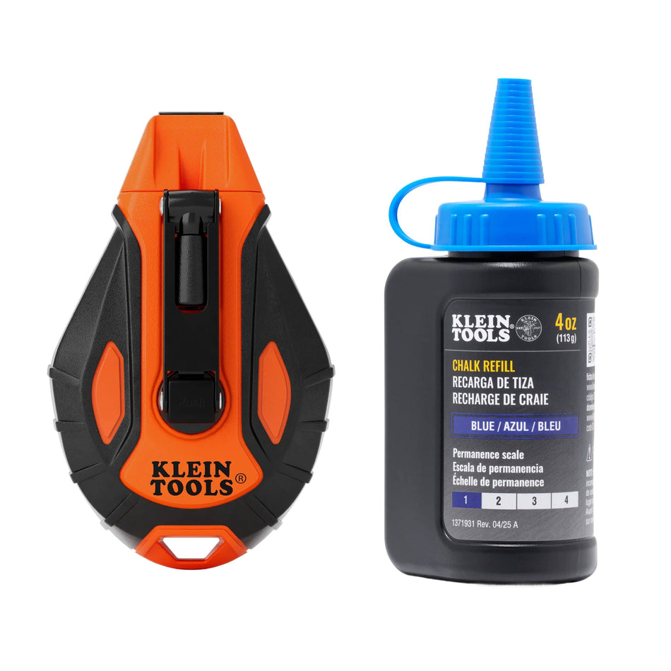 A studio product shot of the Klein Tools CHLK100S 100-foot chalk reel in high-visibility orange and black, shown alongside a 4-ounce bottle of professional blue chalk refill for jobsite layout and marking.