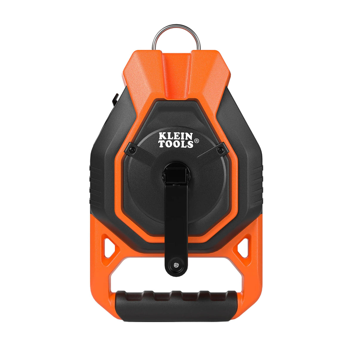 A professional product shot of the Klein Tools CHLK150 150-foot heavy-duty chalk reel featuring a high-impact orange and black ABS housing with an ergonomic handle and a fast-retracting high-speed gear system.