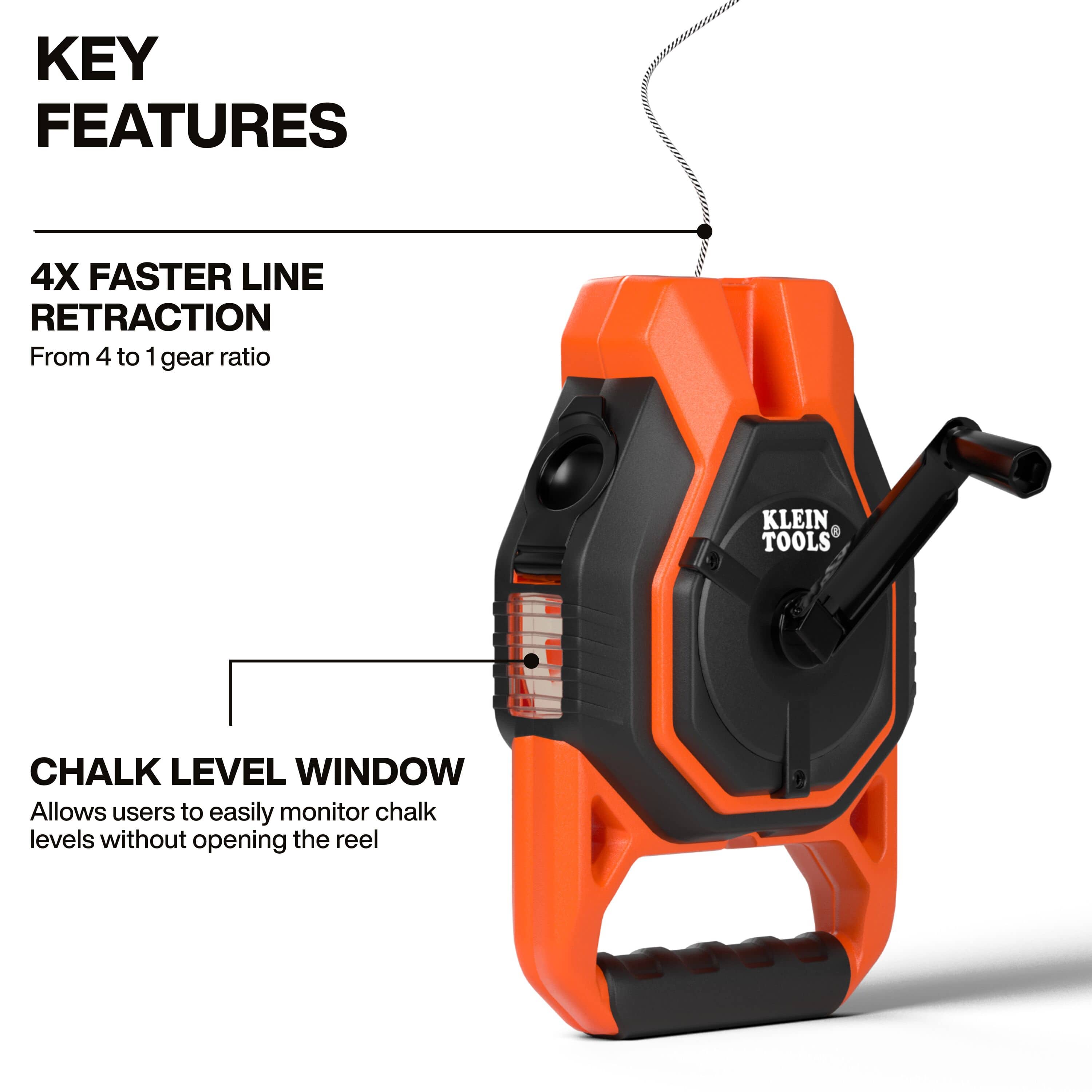 Key features view of the manual retracting chalk line highlighting the 4x faster line retraction from the 4:1 gear ratio and the integrated transparent chalk level window for easy supply monitoring.