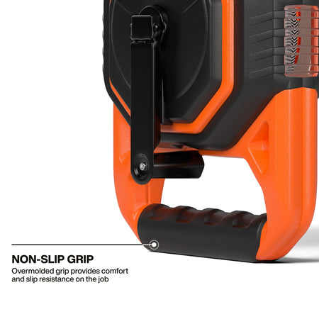Detailed close-up of the heavy-duty chalk reel's base showcasing the non-slip overmolded grip on the handle for professional comfort and increased slip resistance during high-tension layout tasks.