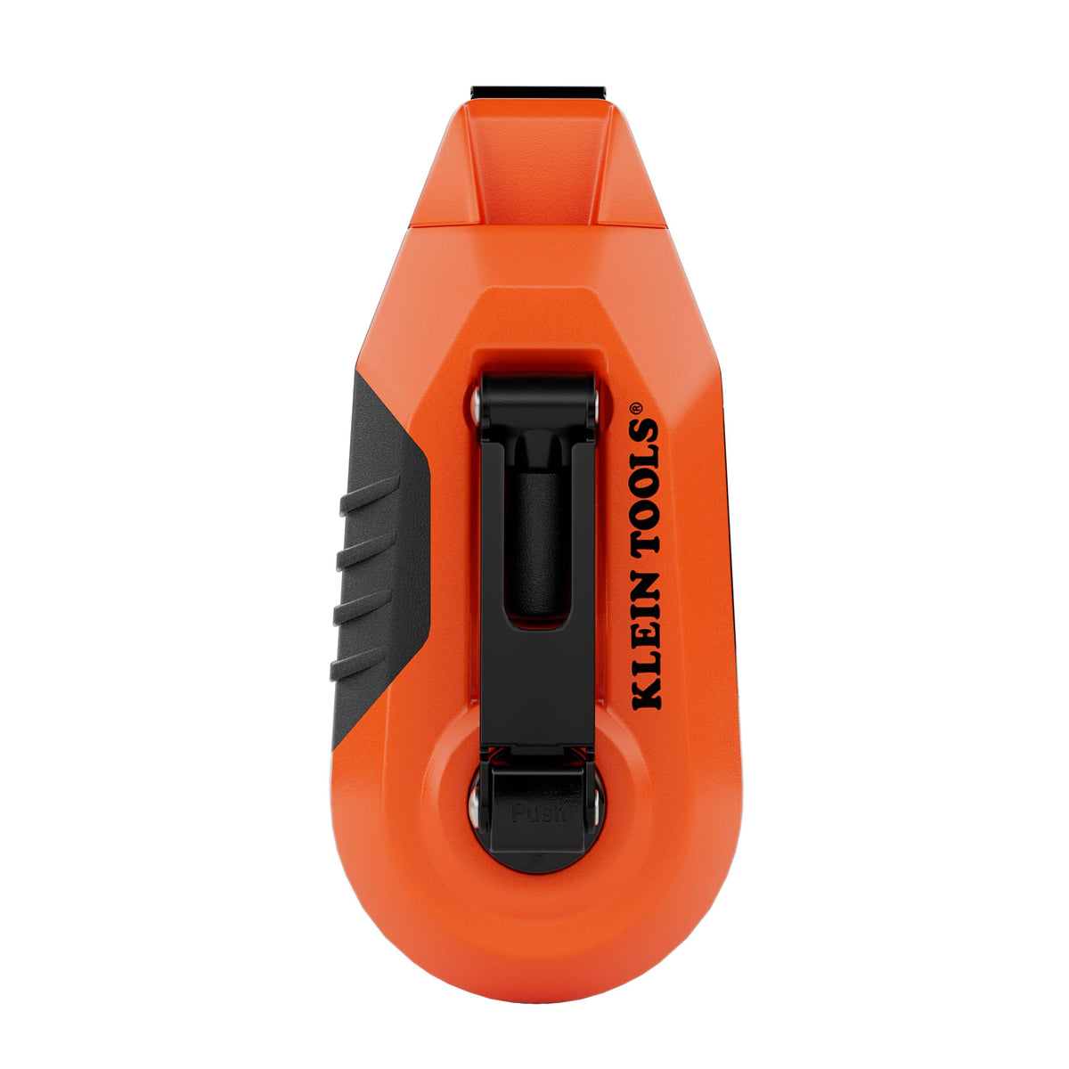 A studio product shot of the Klein Tools CHLK30S 30-foot compact chalk reel, featuring a high-visibility orange and black high-impact ABS housing with an ergonomic handle and manual retraction lever.