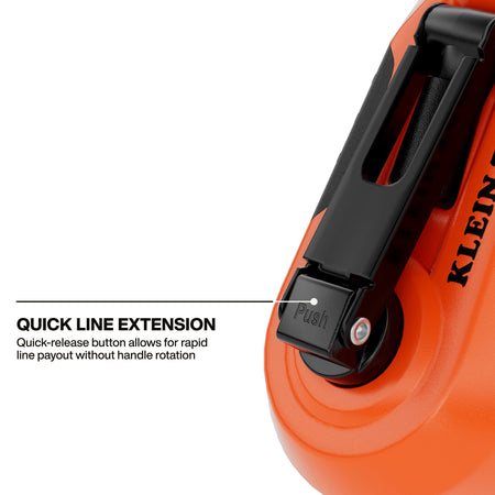 Detailed close-up showcasing the quick line extension feature, specifically pointing to the quick-release spool clutch button that enables rapid line payout without the handle rotating.