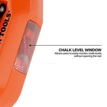 Technical product view focusing on the integrated transparent chalk level window, which allows users to monitor chalk levels without opening the reel to ensure consistent line visibility.