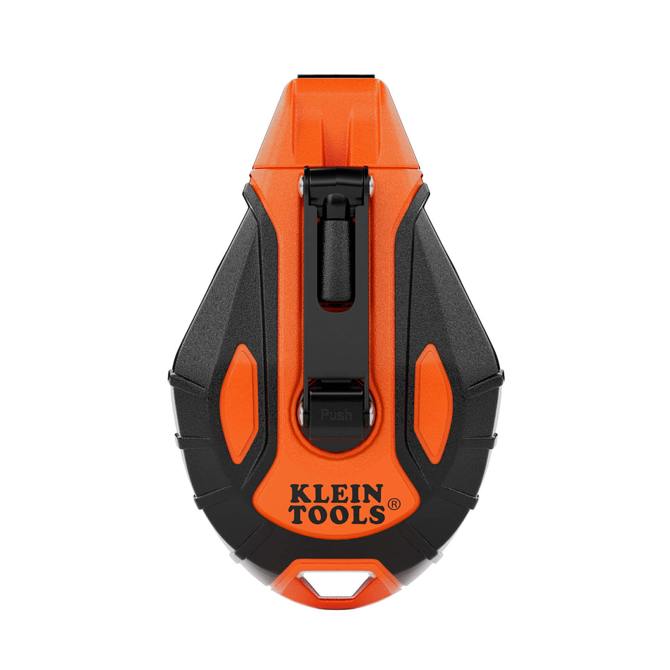 A high-resolution product view of the Klein Tools CHLK50S compact 50-foot chalk reel, featuring a rugged orange and black high-impact ABS housing with a manually retracting handle and a high-speed 4:1 gear ratio.