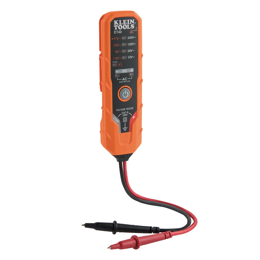 Front view of the ET40 electronic voltage tester with attached red and black test leads. The interface features a series of LED indicators for testing common AC and DC voltage levels used in residential and commercial applications.