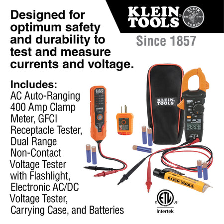Product overview graphic for the Klein Tools CL120VP kit, highlighting its design for optimum safety and durability. The image lists the included 400A auto-ranging clamp meter, GFCI outlet tester, dual-range non-contact voltage tester with flashlight, and electronic AC/DC voltage tester with an Intertek ETL safety certification icon.