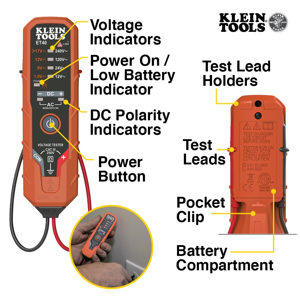 A labeled diagram of the ET40 electronic voltage tester and its rear features. Callouts identify the voltage indicators, power button, DC polarity indicators, and battery indicator on the front, while the back view shows the test lead holders, pocket clip, and battery compartment.
