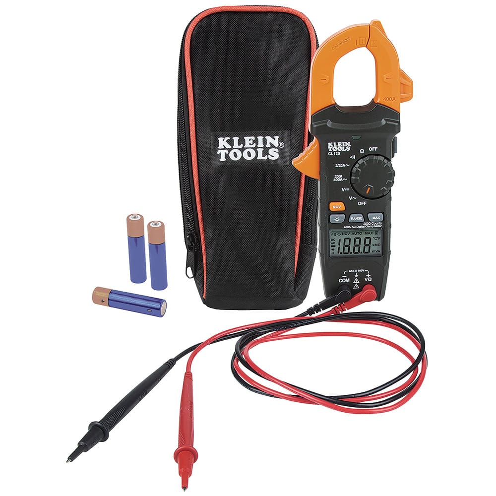 Complete Klein Tools CL120 Digital Clamp Meter kit layout featuring the 400A AC auto-ranging meter, a durable black carrying case with orange trim, high-quality red and black test leads, and three AAA batteries. The image showcases the full set of accessories included for professional electrical testing.