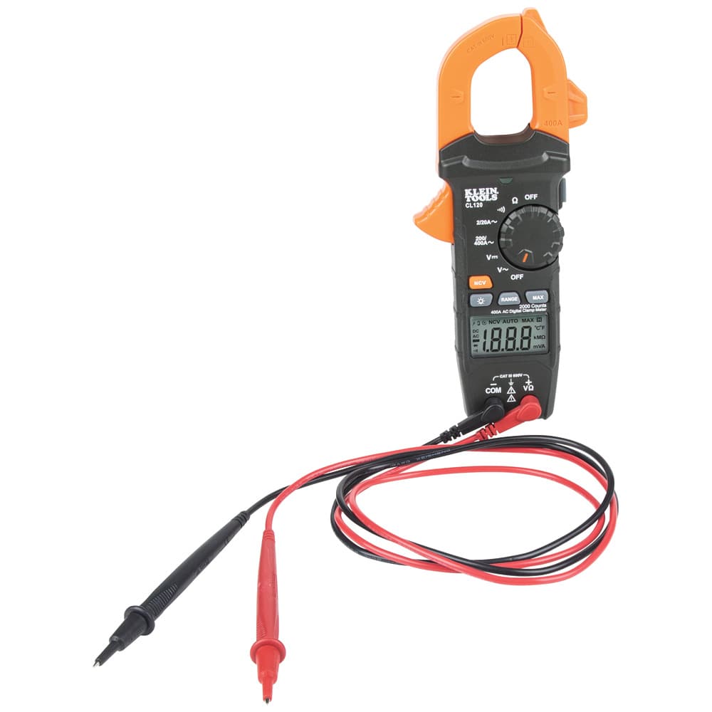 Front view of the Klein Tools CL120 digital clamp meter with the red and black test leads plugged into the bottom terminals. The large orange clamp jaw is shown at the top, and the high-visibility LCD screen is ready for auto-ranging measurements.