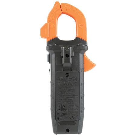 Rear view of the CL120 digital clamp meter illustrating the textured grip, the battery compartment secured by a screw, and integrated technical specifications. The back of the orange clamp jaw features engraved safety warnings and the 1.6-inch jaw capacity.
