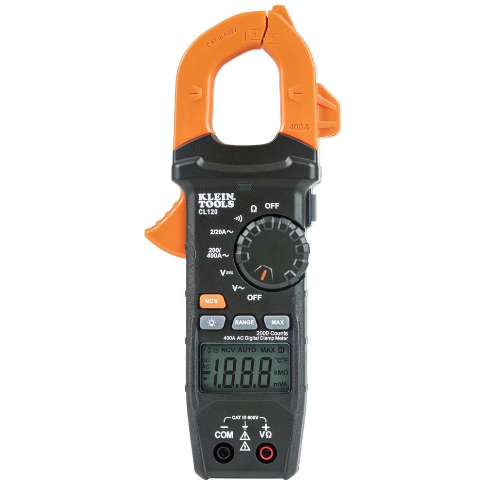 Detailed front shot of the Klein Tools CL120 400A AC clamp meter. The image clearly shows the selection dial for various modes, including NCV (Non-Contact Voltage), AC current, and resistance, as well as the function buttons for range and max value capture.