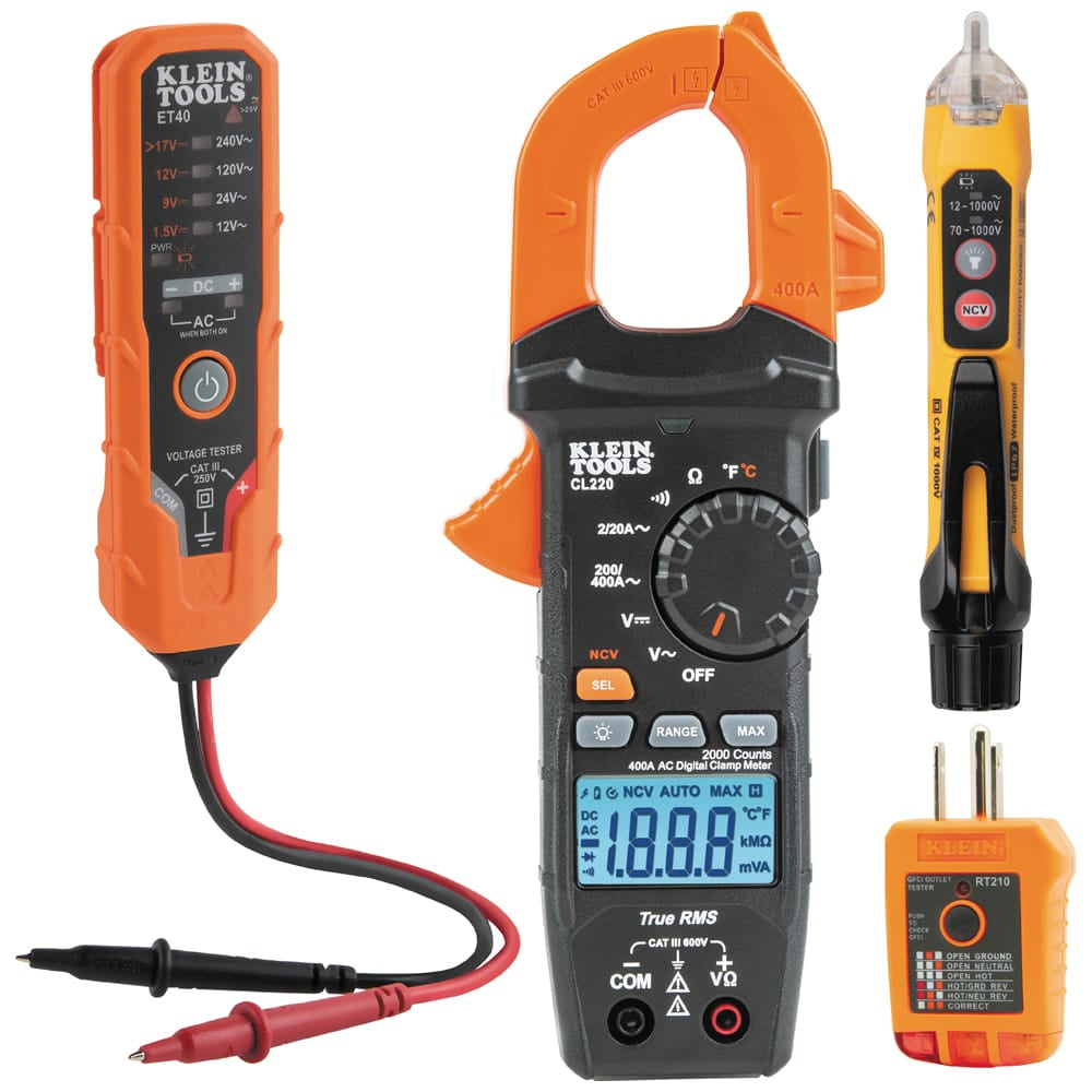 A comprehensive product kit view showing the four primary tools in the Klein Tools CL220VP kit: the ET40 voltage tester, the CL220 400A AC digital clamp meter, the NCVT3P dual-range non-contact voltage tester with flashlight, and the RT210 GFCI outlet tester.