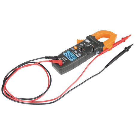 A studio view of the Klein Tools CL220 digital clamp meter with its professional test leads attached. The red and black leads are plugged into the COM and Volt/Ohm ports, demonstrating the setup for measuring voltage, resistance, and continuity.