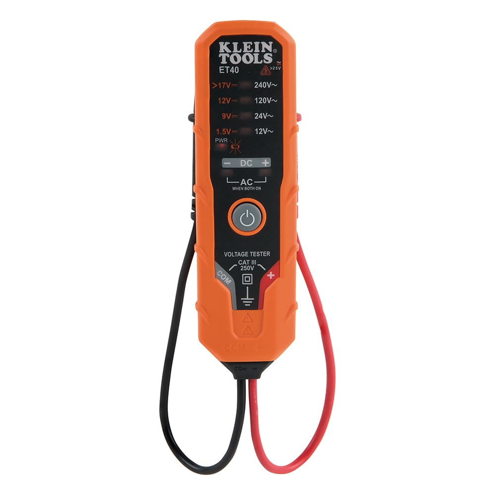 A front studio view of the Klein Tools ET40 electronic voltage tester. The display shows the various AC and DC voltage levels ranging from 1.5V to 240V with clear LED indicators and attached red and black test leads.