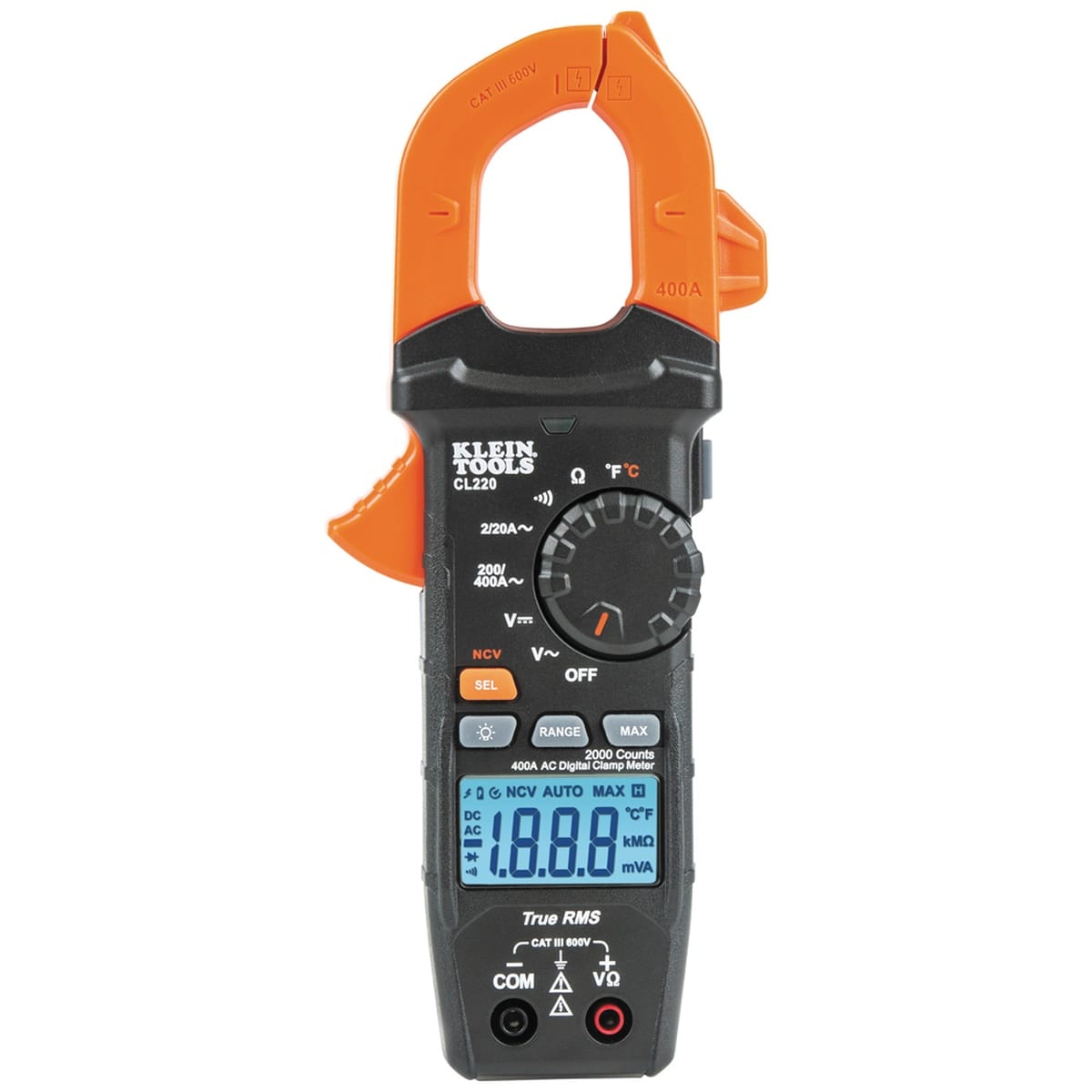 A direct front studio shot of the Klein Tools CL220 HVAC clamp meter. The professional-grade orange and black device features a 400A AC current jaw with an integrated non-contact voltage tester, a high-visibility backlit digital LCD, a multi-function rotary dial, and dedicated buttons for data hold and max value capture.