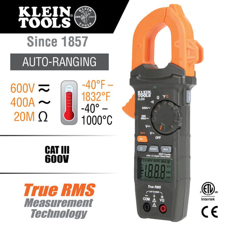 A technical infographic for the CL220 HVAC clamp meter highlighting its primary sensing capabilities. Text callouts identify the 400A AC current measurement via the clamp jaw, AC/DC voltage and resistance testing via leads, and temperature measurement using the included thermocouple probe.