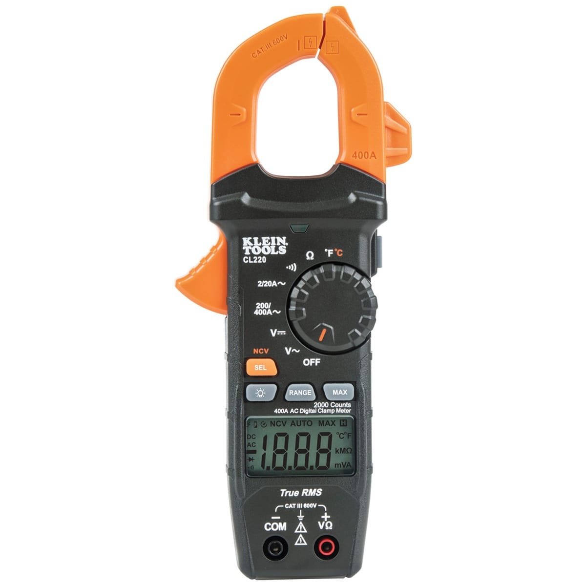 An angled perspective shot of the CL220 digital clamp meter against a white background. The image showcases the ergonomic side trigger for the 1.6-inch jaw opening, the high-visibility industrial housing, and the integrated test lead holder on the side of the meter for convenient storage.