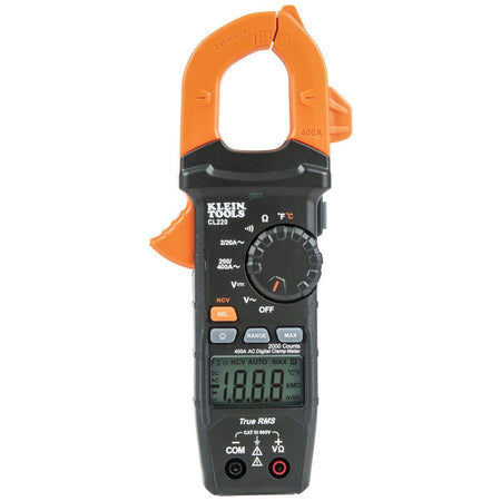 An angled perspective shot of the CL220 digital clamp meter against a white background. The image showcases the ergonomic side trigger for the 1.6-inch jaw opening, the high-visibility industrial housing, and the integrated test lead holder on the side of the meter for convenient storage.