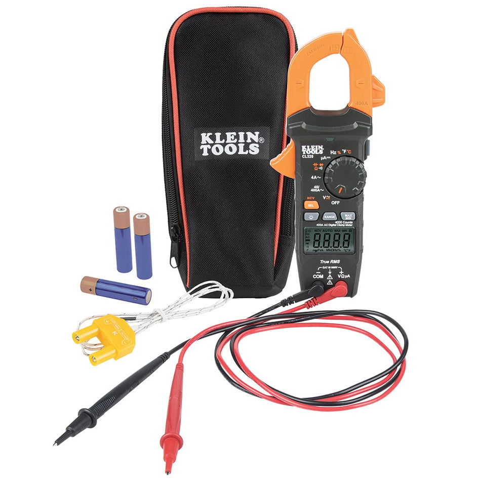 A complete Klein Tools CL320 HVAC Digital Clamp Meter kit layout featuring the 400A AC TRMS meter, a padded black carrying case with orange trim, high-quality test leads, a K-Type thermocouple probe, and three AAA batteries.