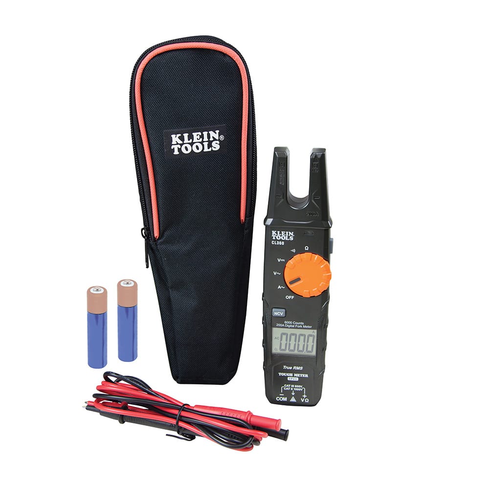 The complete Klein Tools CL360 digital open jaw fork meter kit including the 200A AC TRMS tester, a protective black carrying case with orange accents, a pair of straight input test leads, and two AAA batteries.