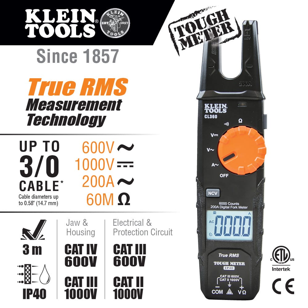 Feature infographic for the Klein Tools CL360 fork meter highlighting TRMS technology for accuracy. It lists capabilities for cables up to 3/0, 600V AC/1000V DC voltage, 200A AC current, and 60M Ohm resistance. Icons verify a 3-meter drop protection, IP40 rating, and CAT IV 600V safety certification.