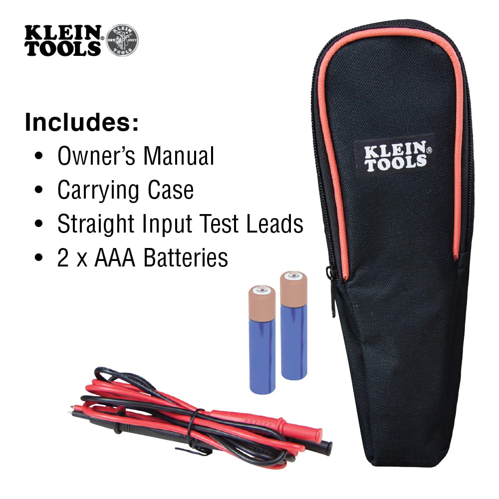 Product kit overview for the Klein Tools CL360 featuring the owner's manual, a padded carrying case, high-quality straight input test leads, and two AAA batteries. The image demonstrates the portable nature of this professional electrical diagnostic set.