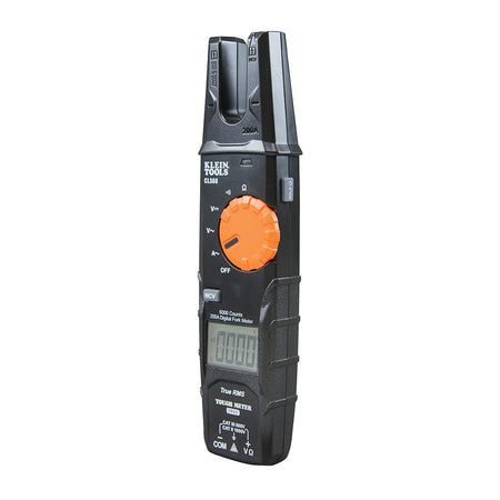 Angled perspective of the Klein Tools CL360 digital fork meter showing the ergonomic black housing and the large orange selection dial. The open jaw design at the top is positioned for quick current measurements in tight electrical panels.