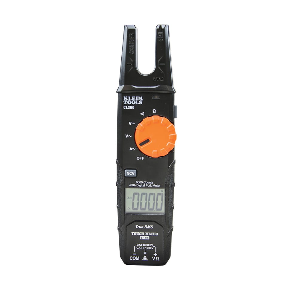 Full front-facing view of the CL360 200A digital fork meter. The high-contrast LCD screen is shown with all segments active, and the input terminals for voltage, resistance, and common leads are visible at the base of the "Tough Meter" chassis.