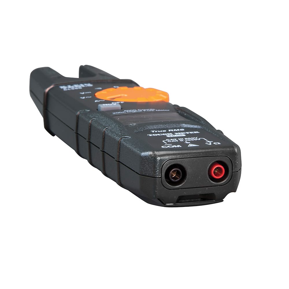 Bottom-up view of the Klein Tools CL360 showcasing the two input terminal ports for the red and black test leads. The rugged, textured finish of the double-insulated housing is clearly visible, highlighting its jobsite durability.