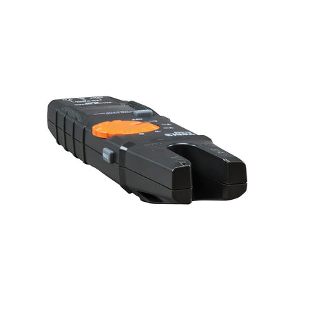 A side-profile view of the CL360 open jaw meter emphasizing the slim design and the data hold button. The open fork at the top is clearly shown with its integrated voltage sensor tips, ideal for reaching into crowded junction boxes.