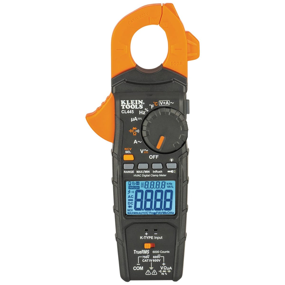 A direct front studio shot of the Klein Tools CL445 HVAC clamp meter. The professional-grade orange and black device features a 600A AC current jaw with an integrated non-contact voltage tester, a large backlit digital LCD, a multi-function rotary dial, and dedicated buttons for data hold, max/min, and the integrated worklight.