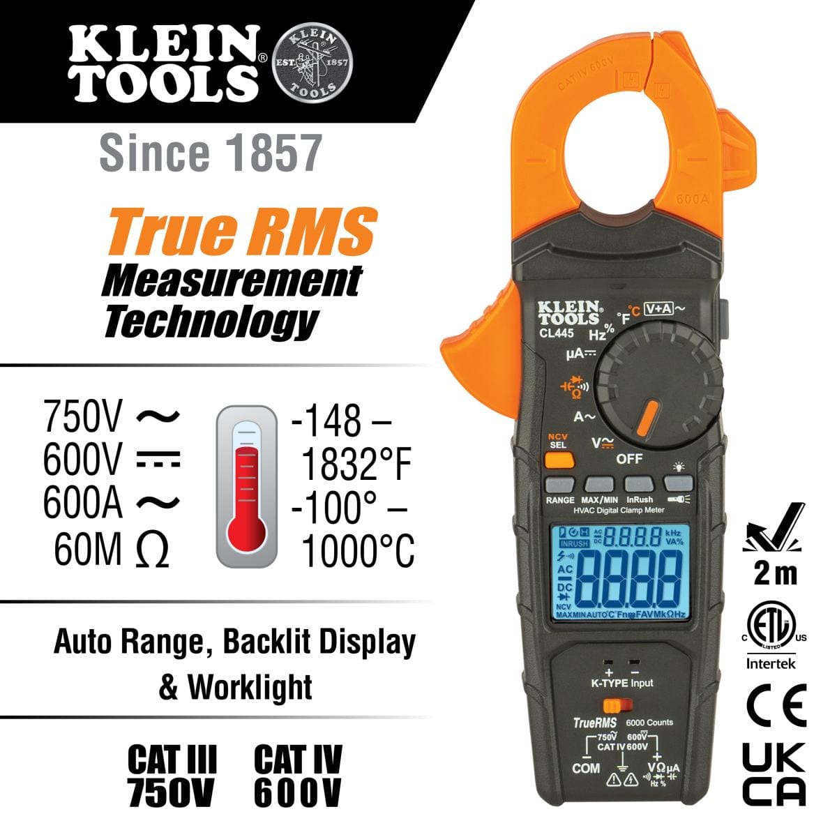 A technical infographic for the CL445 HVAC clamp meter highlighting its primary features. Text callouts identify the 600A AC current measurement, inrush current capture, DC microamp mode for flame sensors, and simultaneous voltage and amperage display. Technical icons confirm a 2-meter drop protection and CAT IV 600V safety rating.