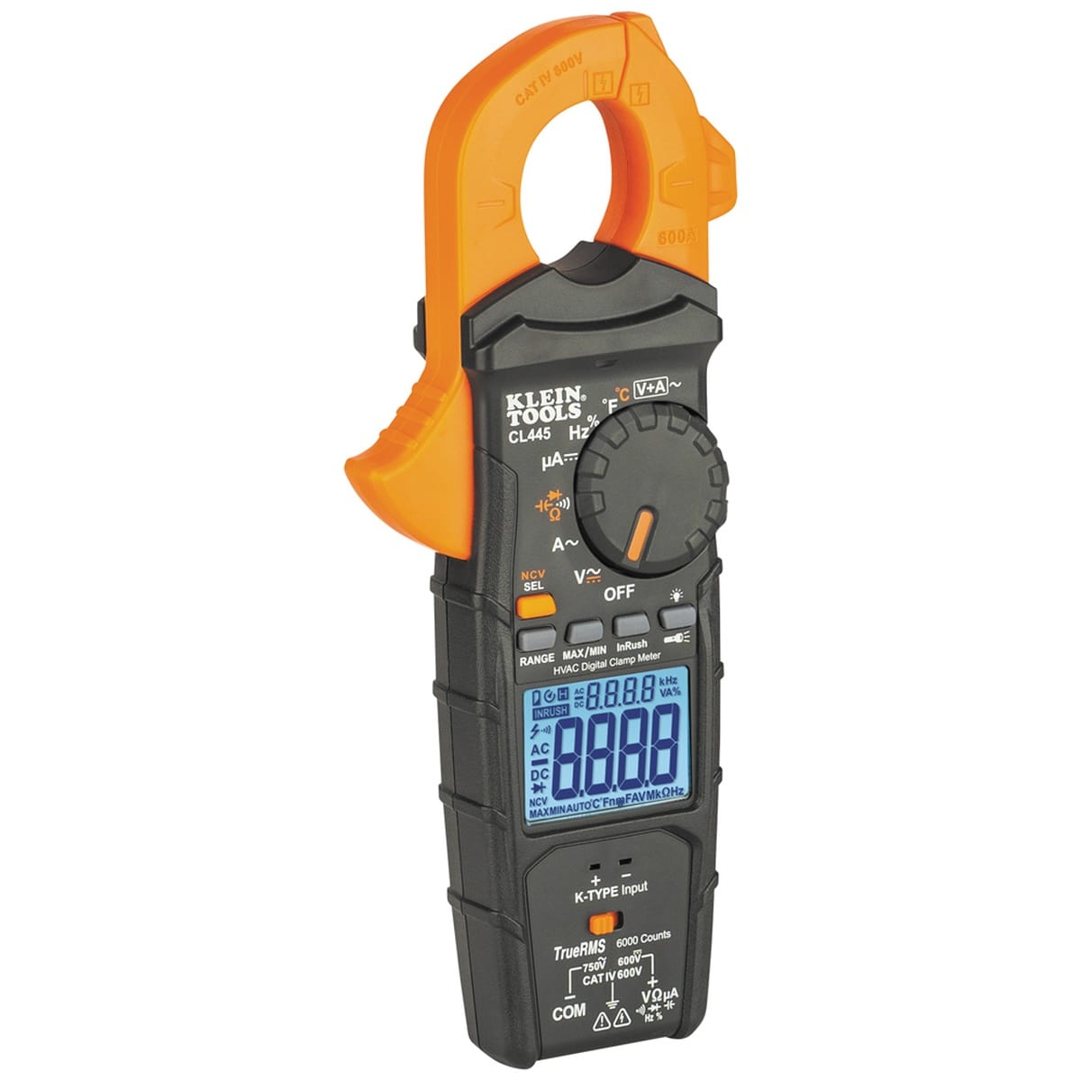 An angled perspective shot of the CL445 digital clamp meter against a white background. The image showcases the ergonomic side trigger for the 1.25-inch jaw opening, the high-visibility industrial housing, and the tactile function buttons designed for one-handed operation.